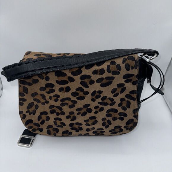 Innue Black Leather Leopard Print Suede Flap Italian Leather Shoulder Bag EUC - Picture 2 of 13